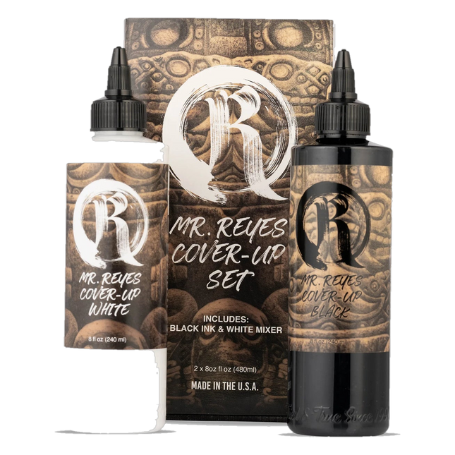 Mr. Reyes Cover‑Up Ink Set – 2 x 237 ml (Schwarz + Weiß) – Professionelle Tattoo‑Pigmente freigestellt